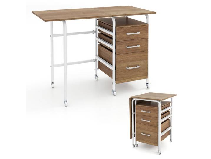 COSTWAY Bureau Informatique Pliable 2 en 1 Bureau Ordinateur à 3 Tiroirs Roulettes Silencieuses avec Freins Charge 70kg Naturel