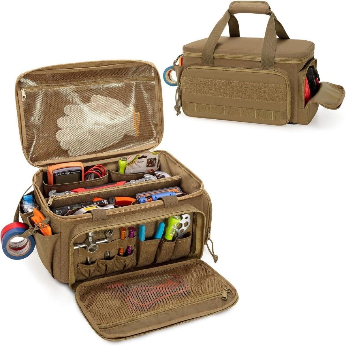 INF Sac à outils en nylon camel - sac de travail multifonction, organisateur d'outils portable pour outils à main