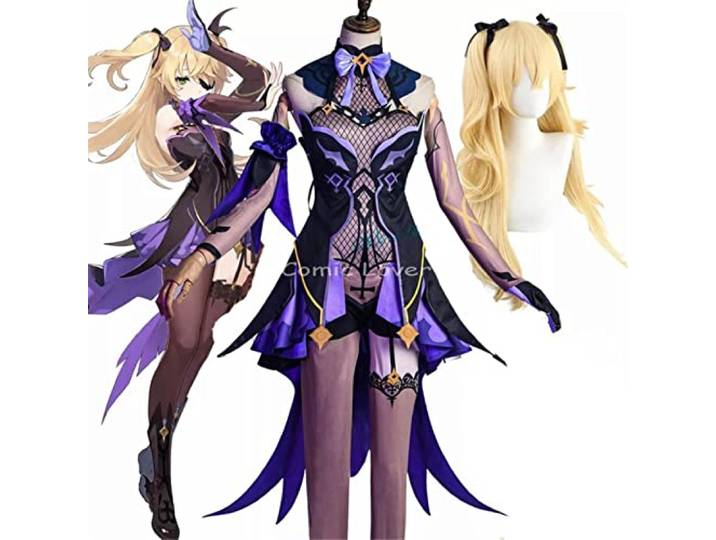 PUYYDS Spiel Genshin Impact Fischl Cosplay Kostüm Perücken Anime Outfits Kleid Halloween Karneval Uniformen Tuch