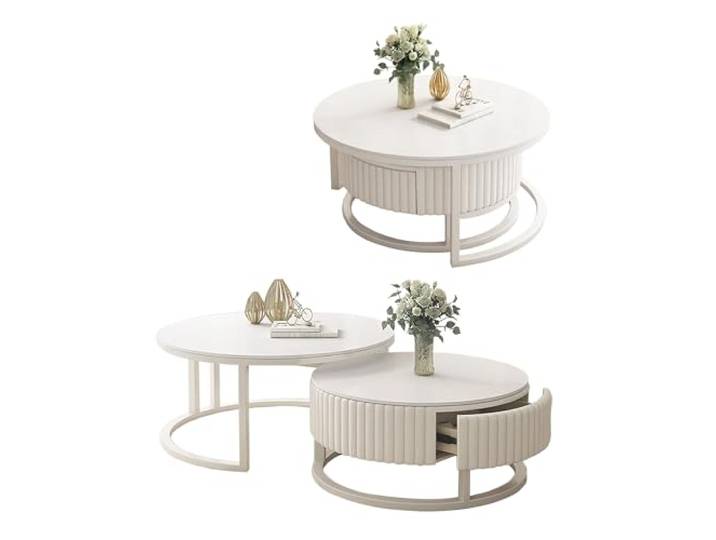 JPQTRYDRIS Runder Couchtisch 2er Set, Moderne Hochglanz Marmormuster Nested Satztische, Rund Kaffeetisch Beistelltisch Sofatisch Set Mit Schublade, Für Schlafzimmer Wohnzimmer