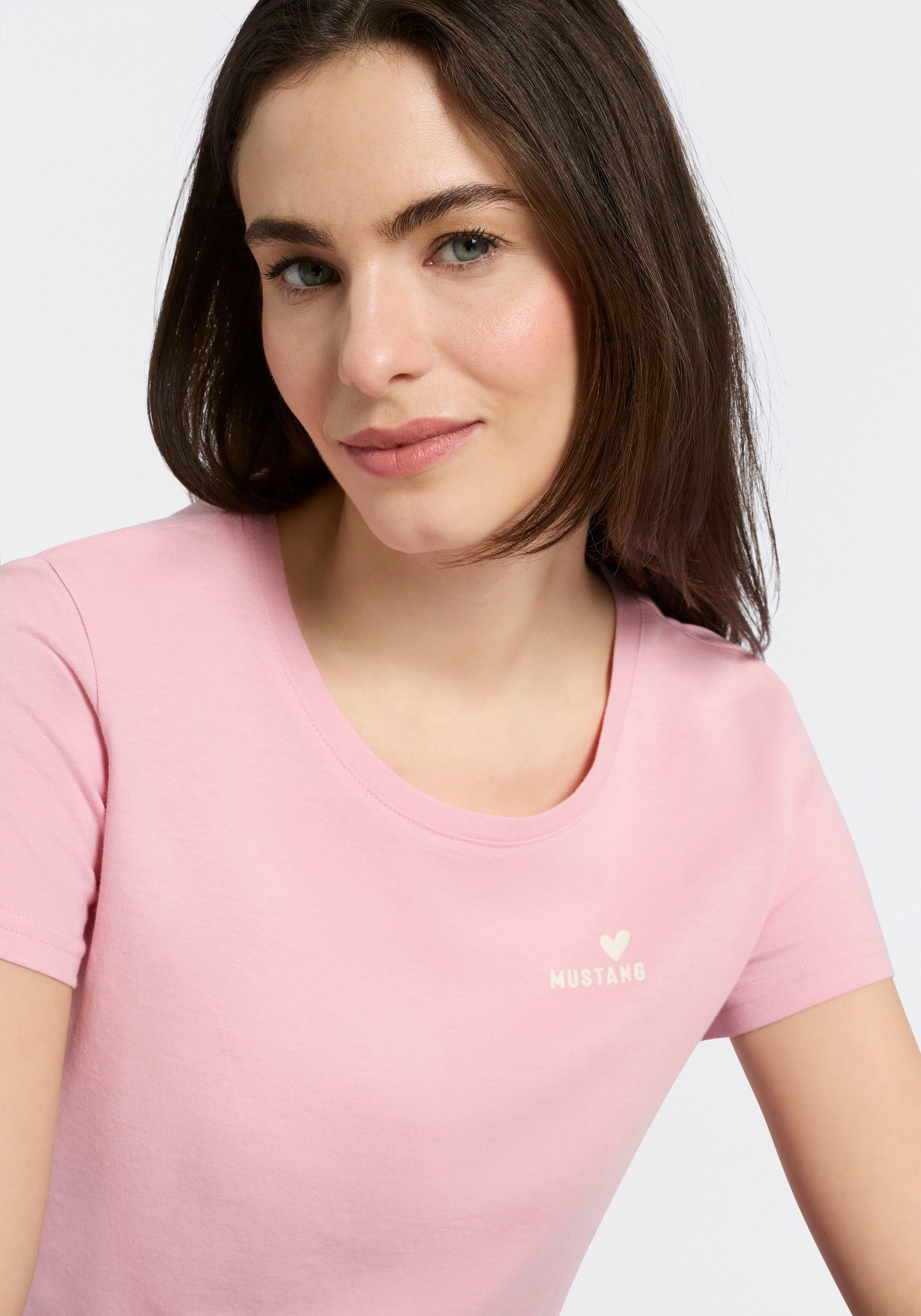 T-Shirt MUSTANG, Damen, Gr. XL, rosa (cameo pink), Jersey, Obermaterial: 100% Baumwolle, normal normal, Rundhals, Shirts T-Shirt, normale Passform, Kurzarm-Design cameo pink XL