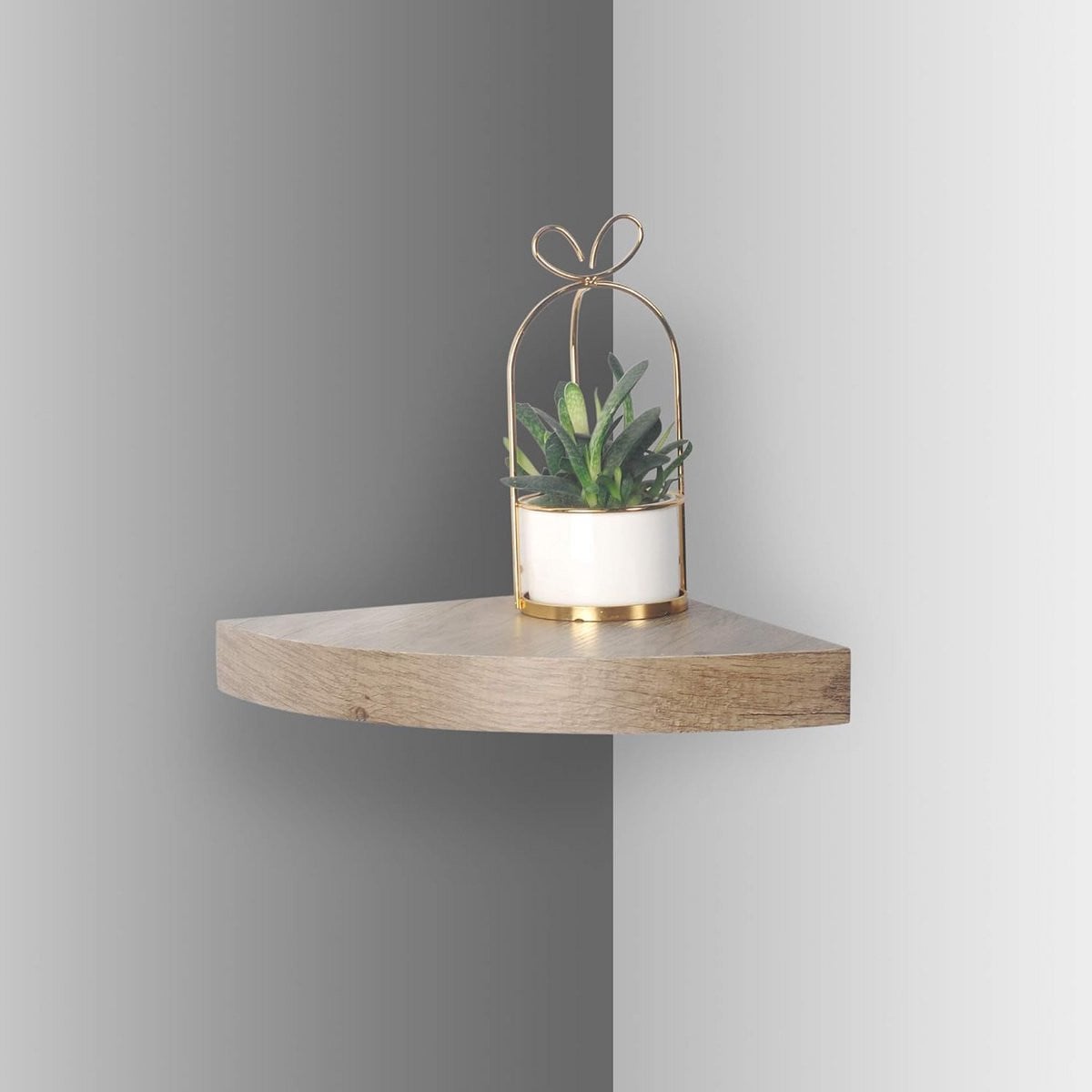 Zwevende houten hoekplank voor wandmontage in de woonkamer, keuken of badkamer