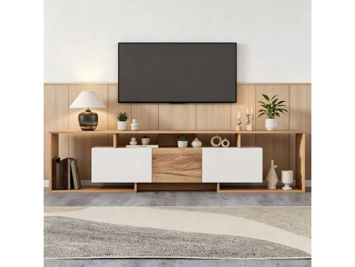 NuvlaGu – Meuble TV 180 cm – Meuble de salon avec 3 portes – Compartiments de rangement ouverts - téléviseurs jusqu'à 85 pouces