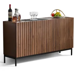 MODFU Sideboard 150x40x80 cm Dunkelbraun welliges 3D Türdesign mit 3 Türen und verstellbaren Einlegeböden, MDF Korpus, Stahlrahmenbeine
