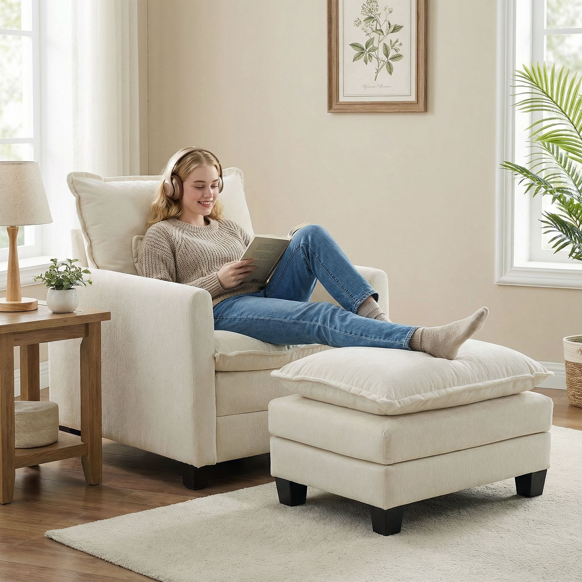 Homcom Poltrona da salotto con poggiapiedi, poltrona 1 posto in chenille, seduta ampia, imbottitura a doppio strato, 85x128x86cm, crema   Aosom Italy