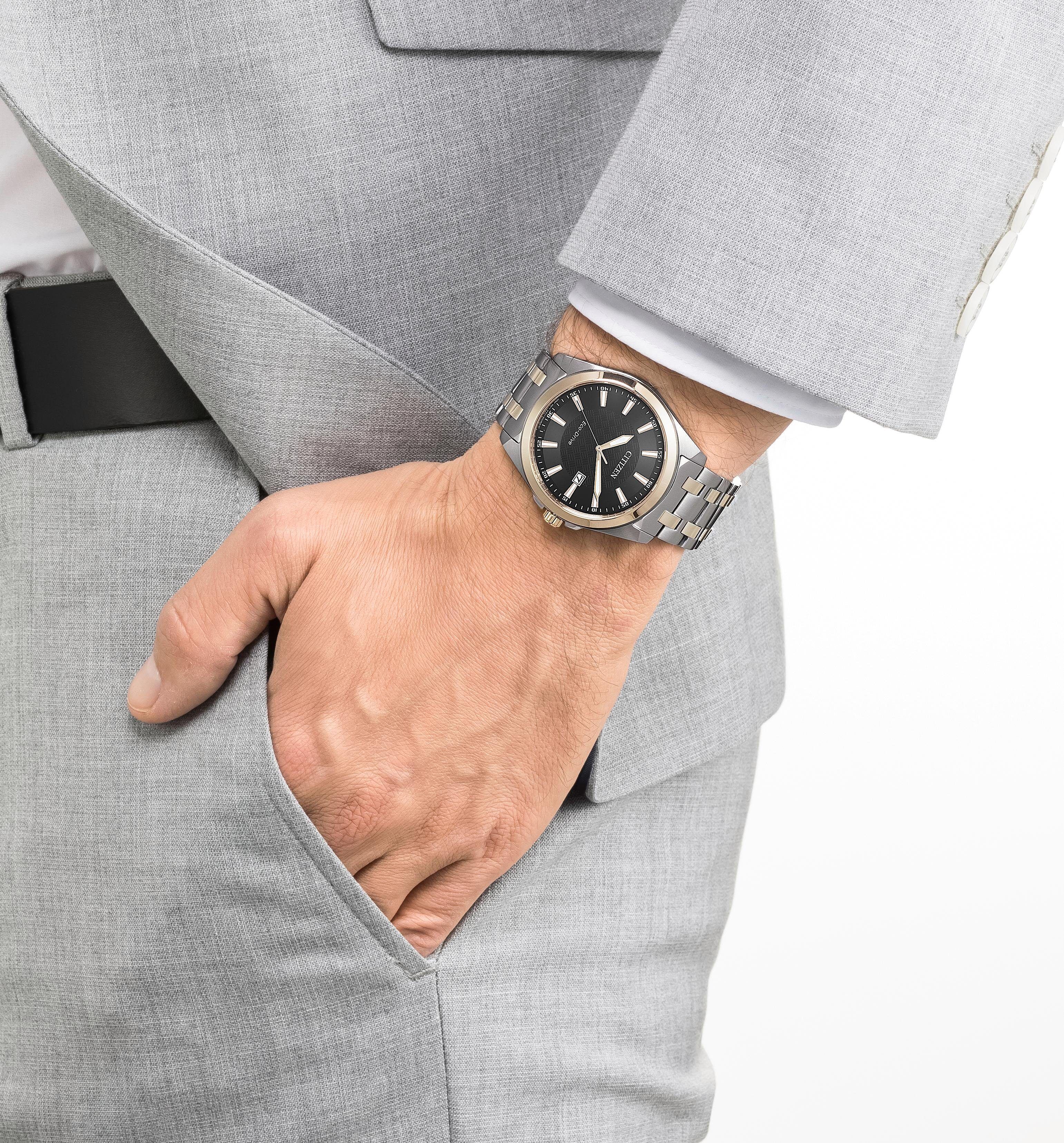 Solaruhr CITIZEN, silber (silbergoldfarben, schwarz, schwarz), Armbanduhren, Herren, silbergoldfarben, Solaruhr, Armbanduhr, Herrenuhr, Datum, Saphirglas, Edelstahlarmband