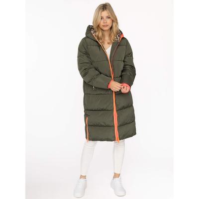 Steppmantel ZWILLINGSHERZ "„Leo Kapuze“", Damen, Gr. XL, grün (khaki), Obermaterial: 100% Polyester, Mäntel Steppmantel, Kapuze mit Leofutter, Reißverschluss, Taschen, elastische Bündchen, Topseller