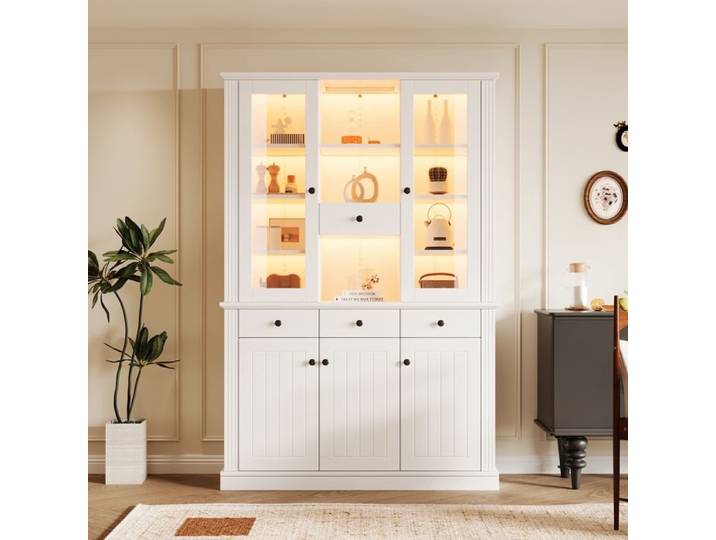 Vitrine avec LED-bibliothèque moderne avec vitrine en verre transparent-5 portes-4 tiroirs-compartiments ouverts-blanc