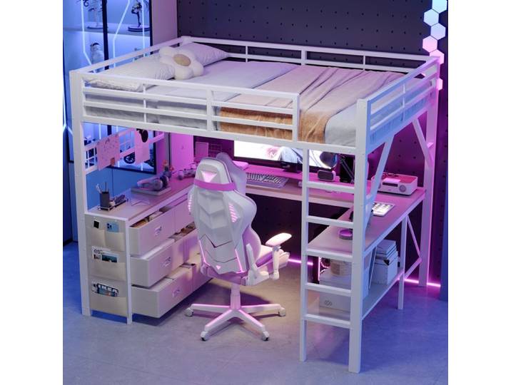 Lit mezzanine métal 140x200 cm - Lit mezzanine adulte simple avec bureau - LED et 6 tiroirs - Blanc