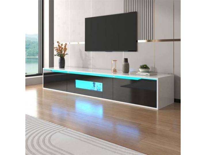 Meuble TV haute brillance - 180x30x35cm - Noir et blanc - Éclairage LED - Moderne