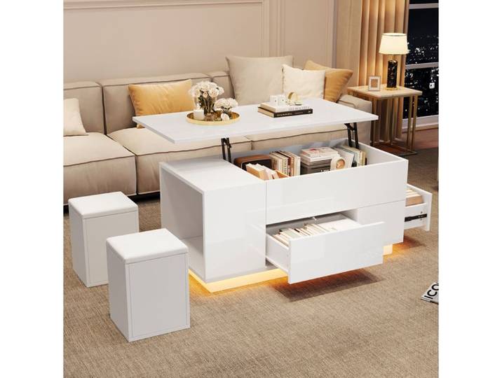 Table basse relevable SENVIRO 4 en 1 avec LED et rangements 100x50x45cm Blanc