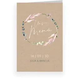 Menükarte Hochzeit: Blumenkranz Kraft in Kraft Look