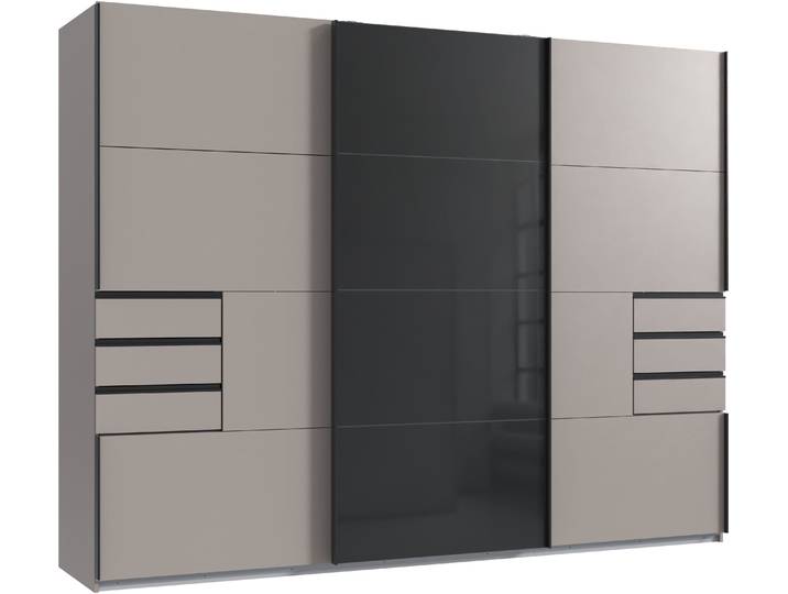 Schwebetürenschrank WIMEX Tilburg , schwarz (saharagrau, durchgängige türfront glas schwarz, absetzung grafit), B:270cm H:208cm T:65cm, Holzwerkstoff, Schränke, Schwebetürenschrank, mit Glaselementen
