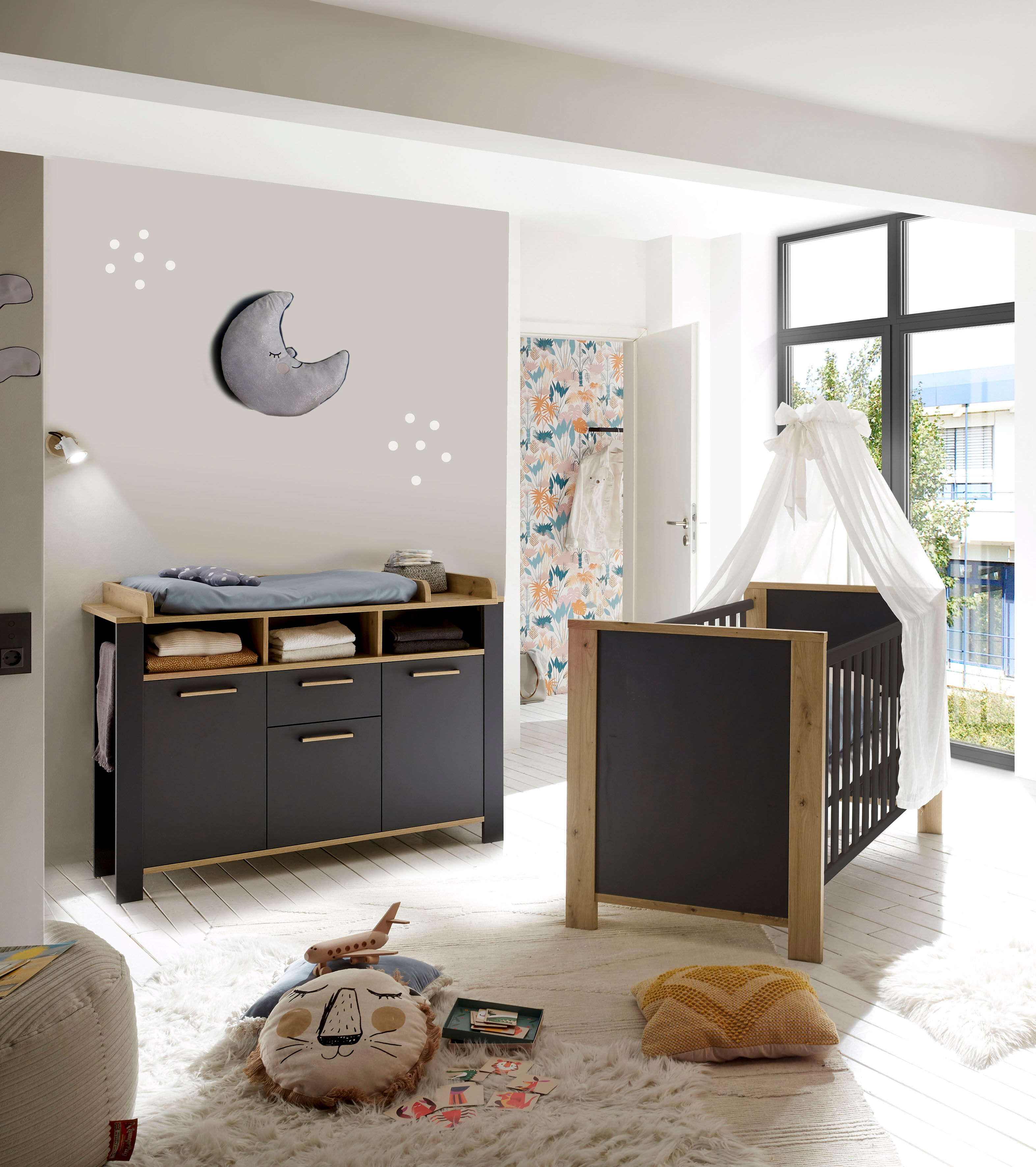 Babymöbel-Set MÄUSBACHER "Tom", schwarz (anthrazit matt, asteiche), Wiko/Bett, B/H: 70cm x 140cm, Wiko/Bett, Holzwerkstoff, Schlafzimmermöbel-Sets, Babymöbel-Set anthrazit matt, asteiche Wiko/Bett, B/H: 70cm x 140cm, Wiko/Bett