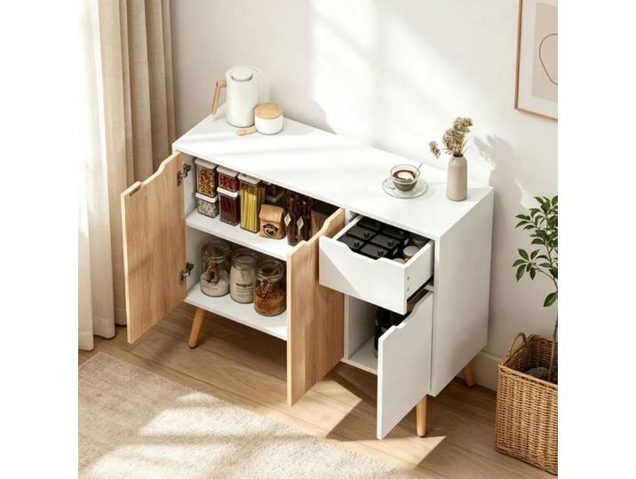 Buffet Scandinave 90x30x72 cm avec 3 Portes 1 Tiroir et Pieds en Bois Massif - Blanc et Effet Chêne Clair