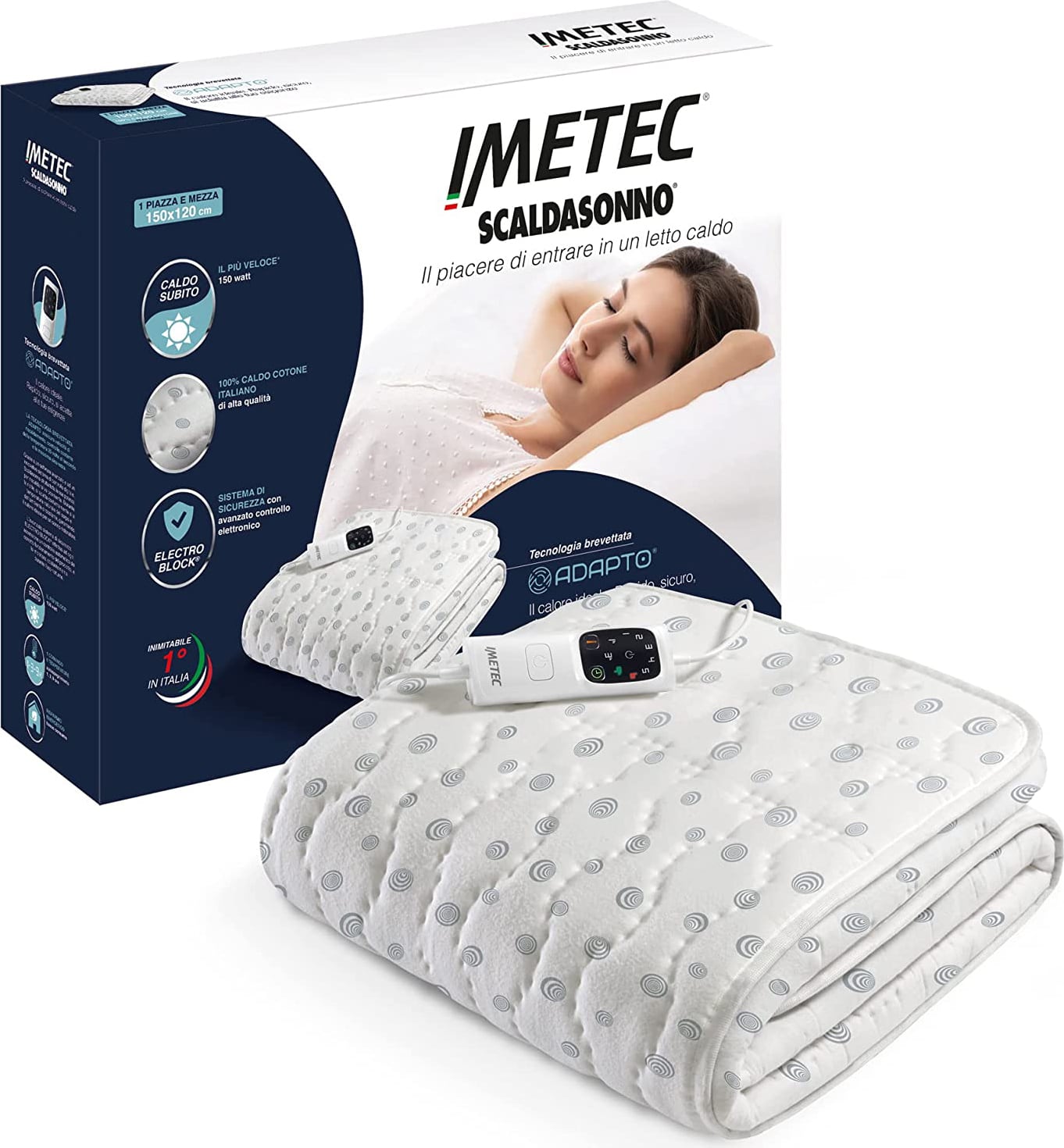 Imetec 16633 Scaldasonno 1 Piazza E Mezza Scaldaletto Elettrico 100% Cotone 150x120 Cm Lavabile - Scaldasonno Adapto Pm 6t - 16633