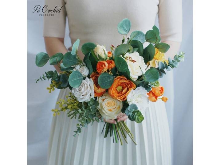 PEORCHID-Beau bouquet de mariage orange et blanc, bouquet d'eucalyptus vert chic bohème, fleurs de patients mariés, 2019