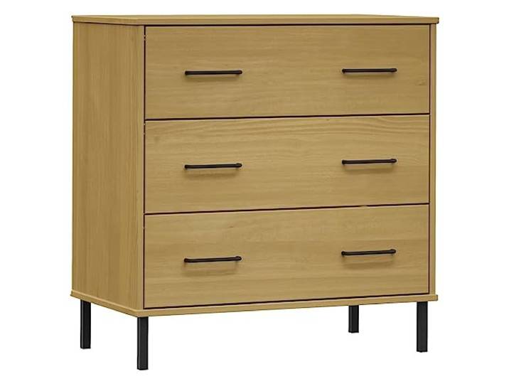 HBBMGYD Anrichte mit 3 Schubladen, Braun, 77 x 40 x 79,5 cm, Massivholz Massives Kiefernholz, Metallfuß, Industrie-Stil, Wandbefestigung im Lieferumfang enthalten, Montageanleitung im Lieferumfang