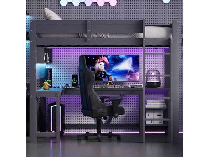 Holzbett Hochbett 90x200 mit LED-Licht & Schreibtisch & Regal & USB, Grau Multifunktionales Kinderbett Jugendbett mit LED-Beleuchtung, Schreibtisch, Regal, Ladestation und Stauraum, Ohne Matratze