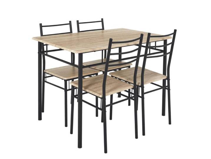 FAUSTIN - Ensemble Repas 4 Personnes Table et Chaises en MDF et Pieds Métal Noir