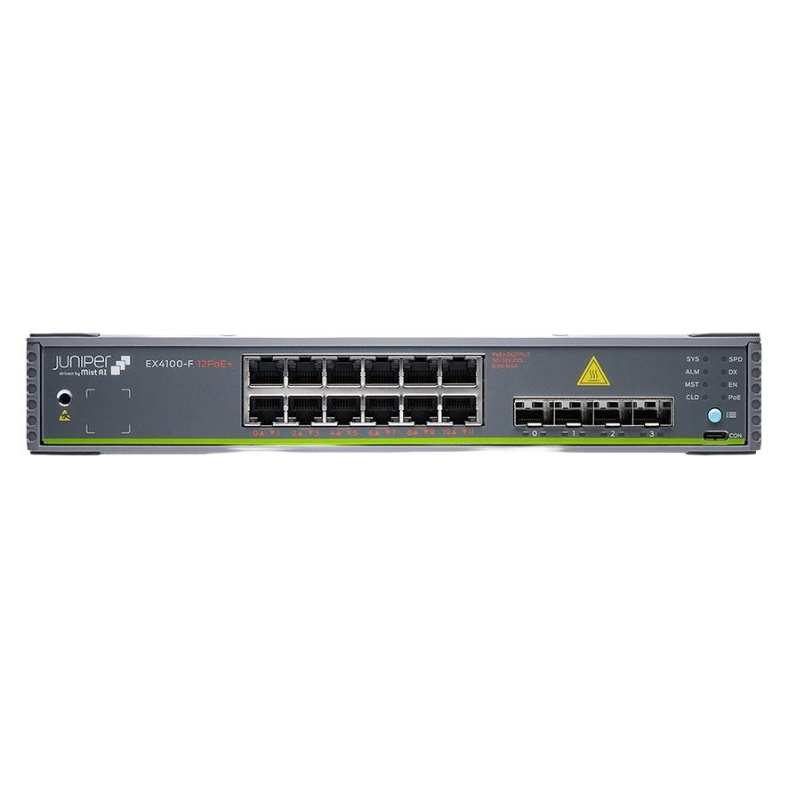 Juniper EX4100-F 12-Port Fanless 10/100/1000BaseT PoE+, 2x 1G/2.5G/10GBaseT Uplink ports, 4x 10G SFP+ Stack (12 Ports) (EX4100-F-12P)