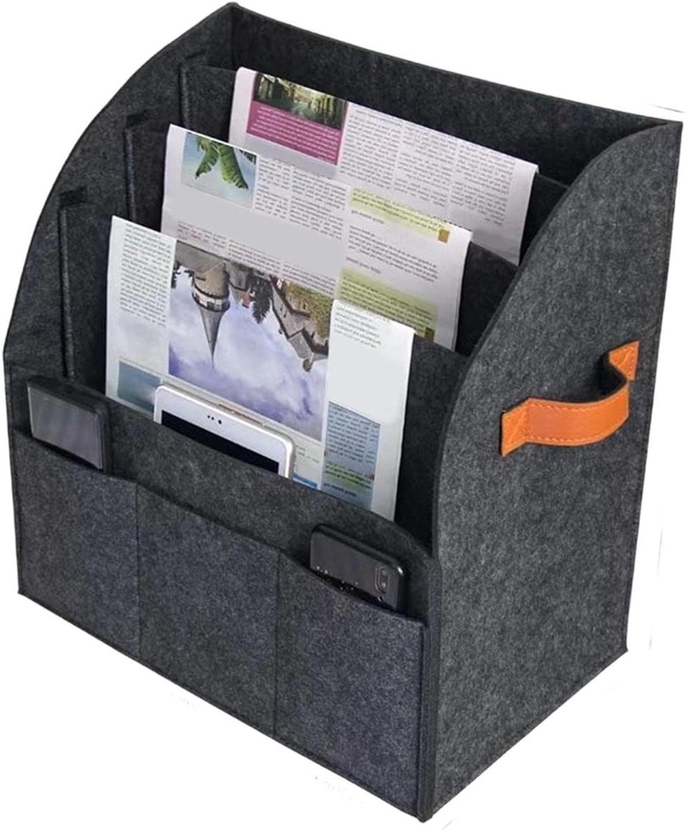 Grijs opvouwbare vilten tijdschriftenhouder met 4 vakken voor documentenorganisatie