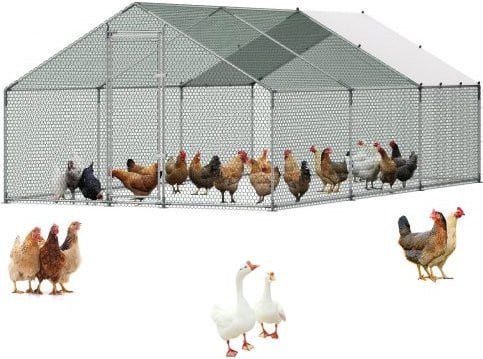VEVOR metalen kippenhok met overkapping en torendak, inloopren voor kippen, konijnen of eenden, grijs