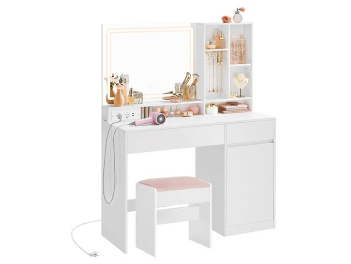 Coiffeuse avec Tabouret de Coiffeuse avec Miroir et Lumière Prise de Courant Largeur de 110 cm Blanc Nuage et Rose Bonbon
