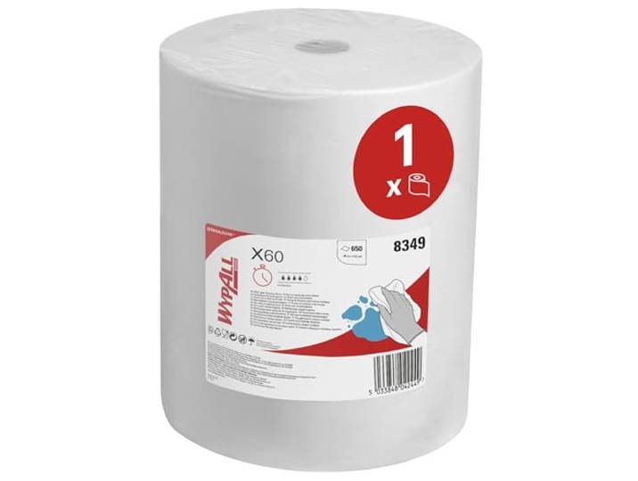 WypAll X60 General Clean Multi-Task reinigingsdoeken 8349, herbruikbare absorberende doeken, 1 grote rol x 650 witte industriële reinigingsdoeken