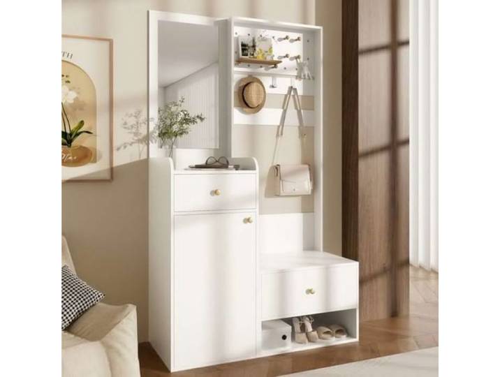 Meuble d'Entrée avec Miroir 180cm Rangement Multifonctionnel Blanc Étagères Réglables pour Chaussures et Vêtements -