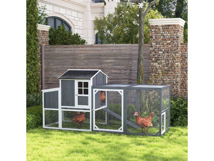 PawHut Poulailler avec Parc pour 3-4 Poules, Nichoir en 3 parties, 1,9 m² d'espace, Bois de sapin, Gris