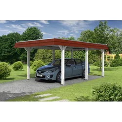 Skan Holz Walmdach Carport 362cm rote Blende Größe 1 weiß Holzcarport
