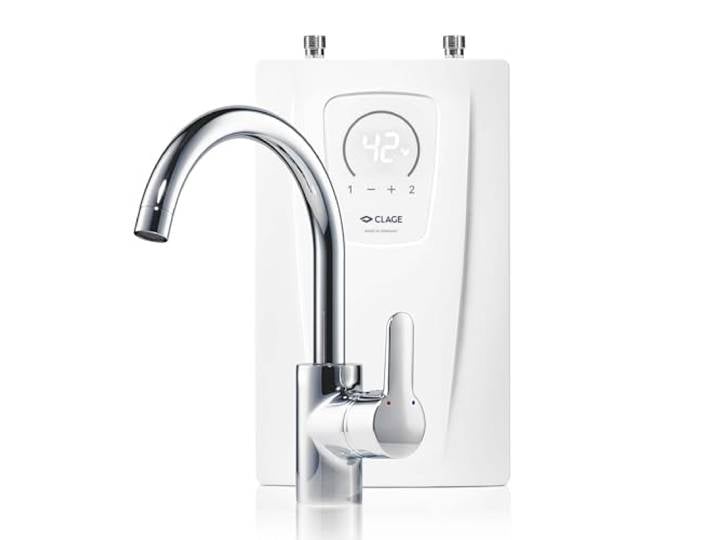 CLAGE CEX-U/EAK Küchen-Durchlauferhitzer 11–13,5 kW Set mit Einhebelarmatur Elektronisch geregelt, LED-Sensorbedienfeld, gradgenau, für Küchenspüle & Ausgussbecken, VDE-GS geprüft, 2400-26391