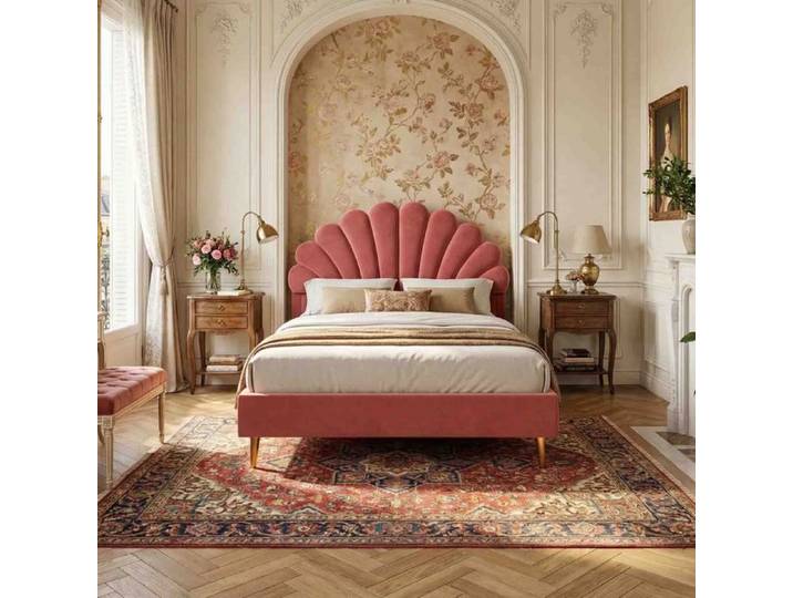 Lit rembourré 140x200cm - Tête de Lit Forme Fleur - Pieds en Métal Doré - Sommier à Lattes Inclus - Style Chic & Romantique
