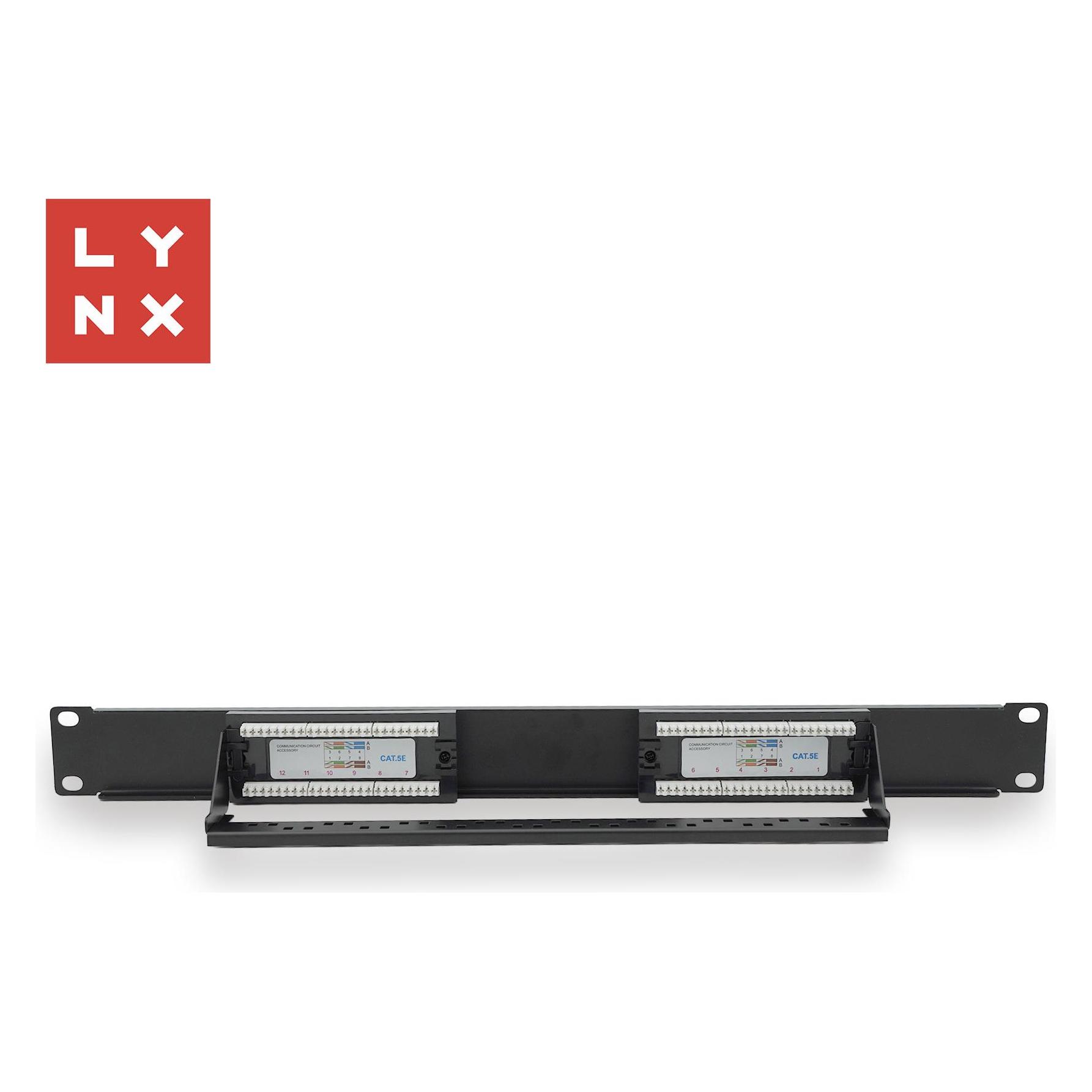 Lynx Cs LYNX 19" patch panel 12-port, UTP Cat5e, 50µ, nestíněný, černý (LX-12-UTP5E-BK)