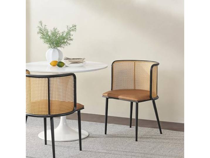 [en.casa] Esszimmerstuhl Flen Stühle Esszimmer 2er Set Rattan Braun 2 x Stuhl Küchenstühle Kunstleder Polsterstuhl Metallbeine in Schwarz