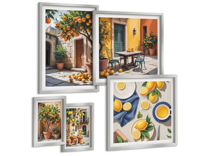 Tulup Bilder SET 5er Set - 50x50 cm & 20x30 cm & 40x60 cm Silberner Rahmen - Zitrusgarten in der Sonne, Silberfarben, Kunststoff, Rechteckig, 40x60 cm, gerahmt, Bilder & Rahmen, Bilder