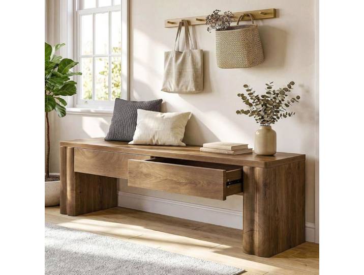 Banc en Bois Little Tree 140×35×45 cm Banc de Bout de Lit avec 2 Tiroirs Rangement Pour Entrée Salon Chambre Chêne Brun