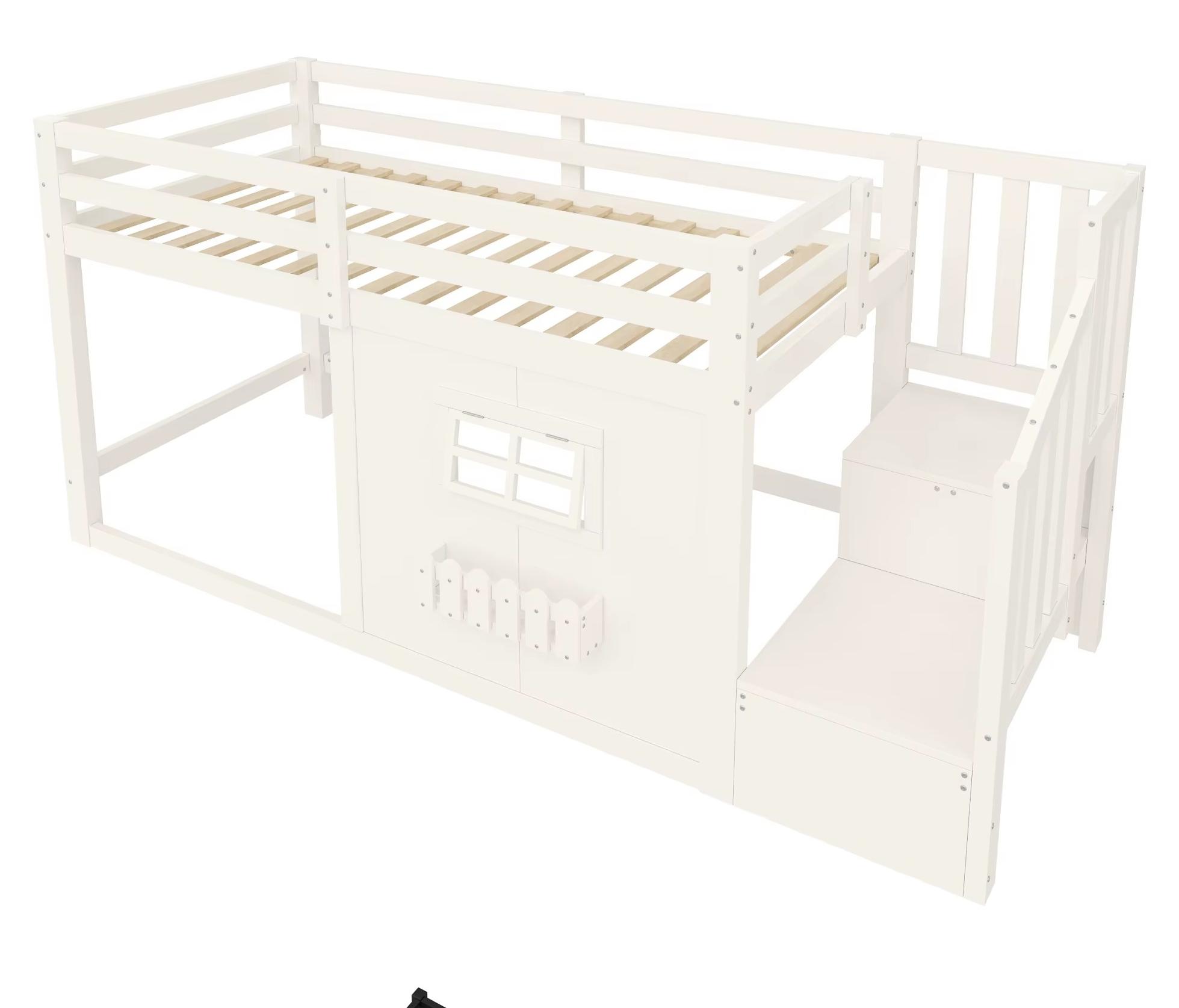 Kinderhochbett - 90 x 200 cm - Kiefernholz - Fenster - Leiter mit Stauraum - LED-Lichtleiste - Weiß