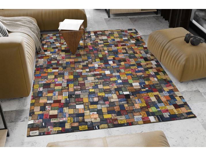 Lederteppich OCI DIE TEPPICHMARKE Labelstar Gr. 2, bunt, B:90cm H:10mm L:160cm, Leder, Teppiche, Lederteppich, echtes Leder, UNIKAT, handgenäht, Patchwork aus Leder Jeanslabel
