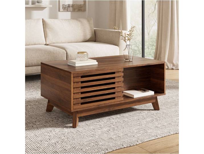 Table basse rétro moderne 90 x 55 x 57 5 cm avec plateau relevable porte à jalousie coulissante aspect noyer