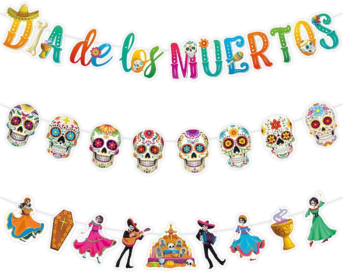 Luxento Dia De Los Muertos Party Banner - Set van 3 kleurrijke Mexicaanse feestbanners voor Halloween