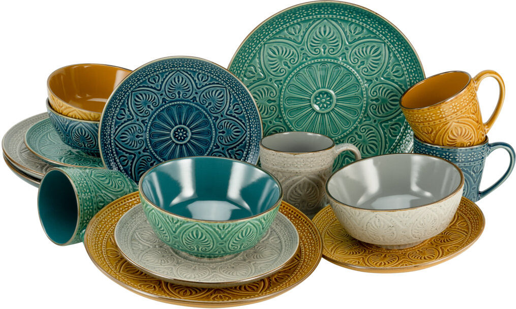 Creatable Samarkand 16 Piece Dinnerware Set, Service for 4 Orange;Grey;Green;Blue 16