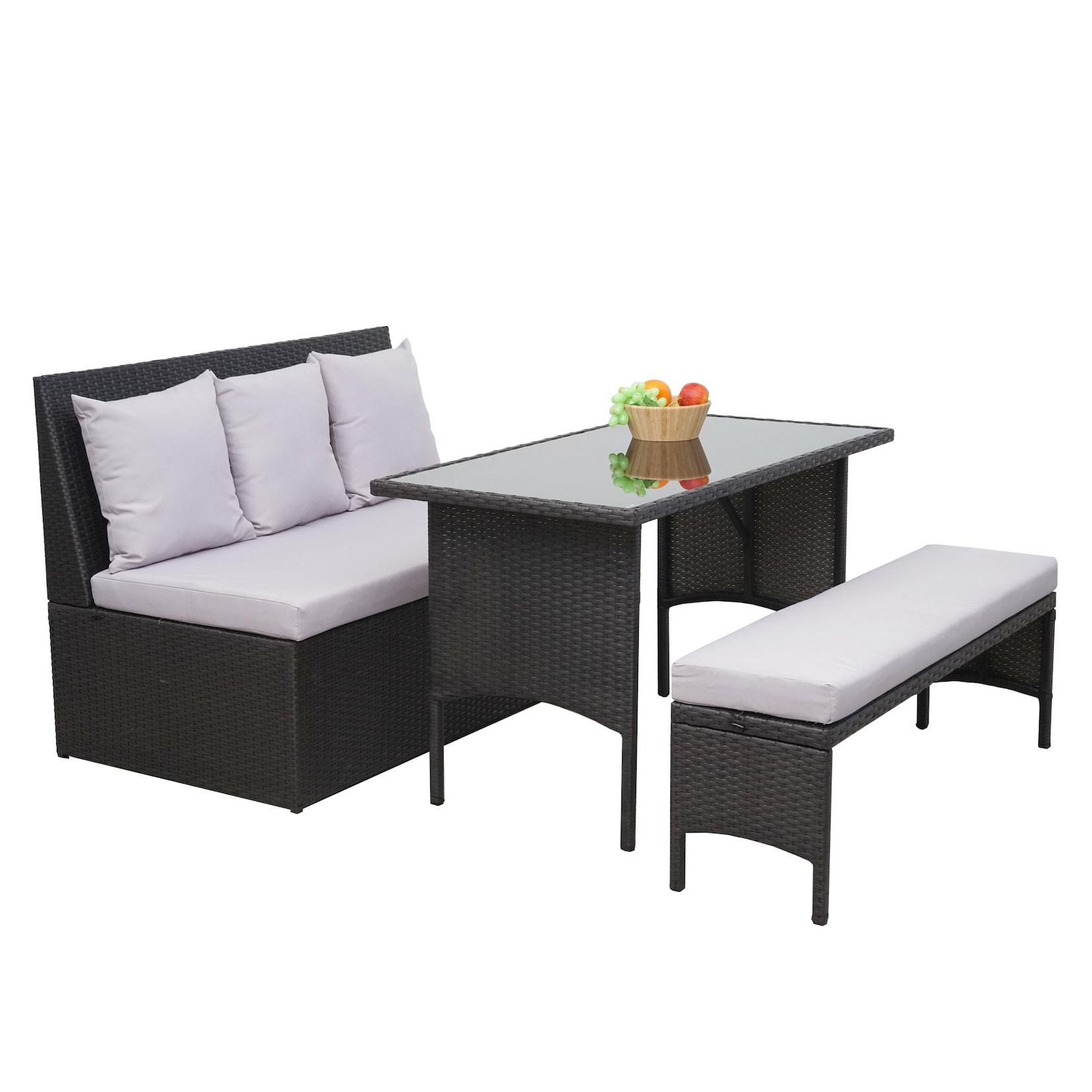 Poly-Rattan Garnitur MCW-G16, Garten-/Lounge-Set Sitzgruppe, Gastronomie 2er Sofa Tisch Bank ~ schwarz, Kissen hellgrau