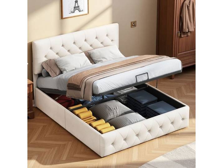 Lit 140×200 cm - ADWOLT - hydraulique - tissu en velours - lit double 140×200 cm - beige