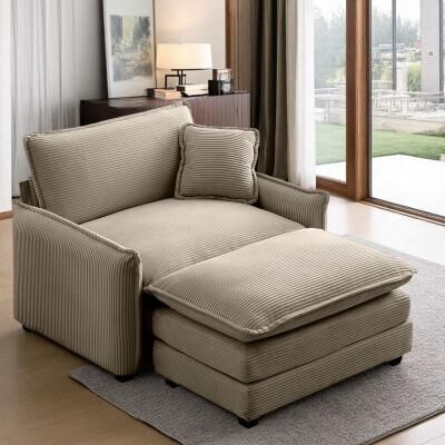 Corduroy Sofa with Footstool, Deep Seat, and One Pillow