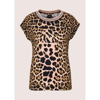 Kurzarmshirt MADELEINE "Shirt Kurzarm Shirt mit Leo-Print", Damen, Gr. 34, beige (beige, schwarz, multicolor), Obermaterial: 95% Viskose CV. 5% Elasthan EL., Modern, Shirts, Geringelte Blende