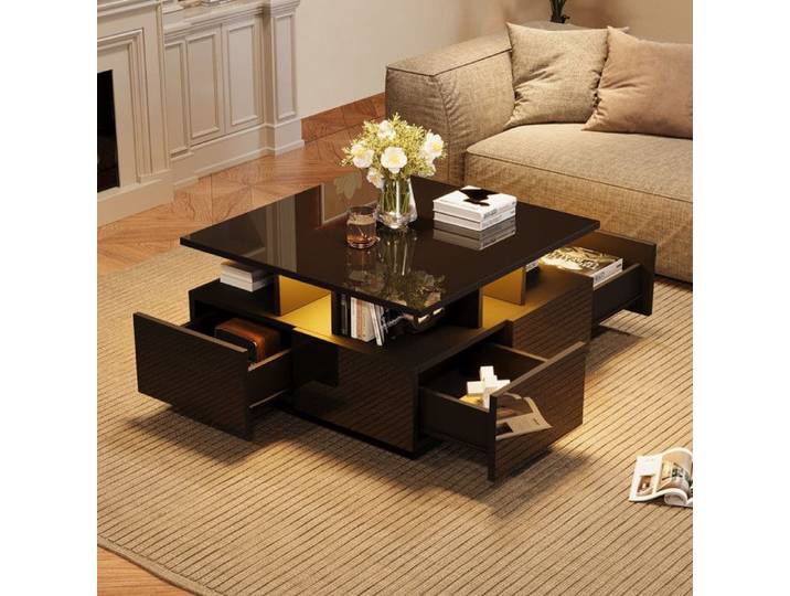 Table basse brillante - éclairage LED table basse avec 4 tiroirs table d'appoint au design géométrique noire - 70x70x40cm pour salon
