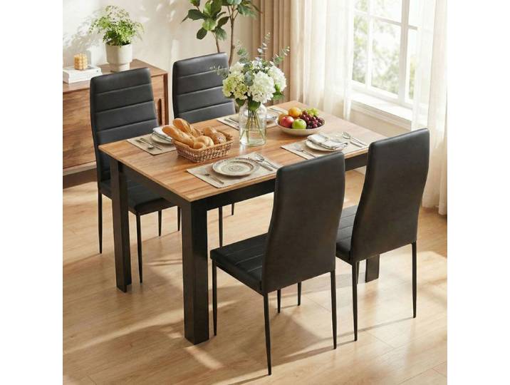 Mondeer Ensemble table à manger avec 4 chaises simili cuir table de cuisine pour salle à manger 120Lx80Px75Hcm chêne naturel et noir