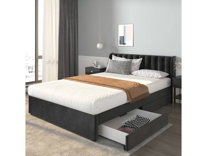 Lit coffre - LANGTU - 160x200 cm - Velours noir - Sommier à lattes - 2 tiroirs